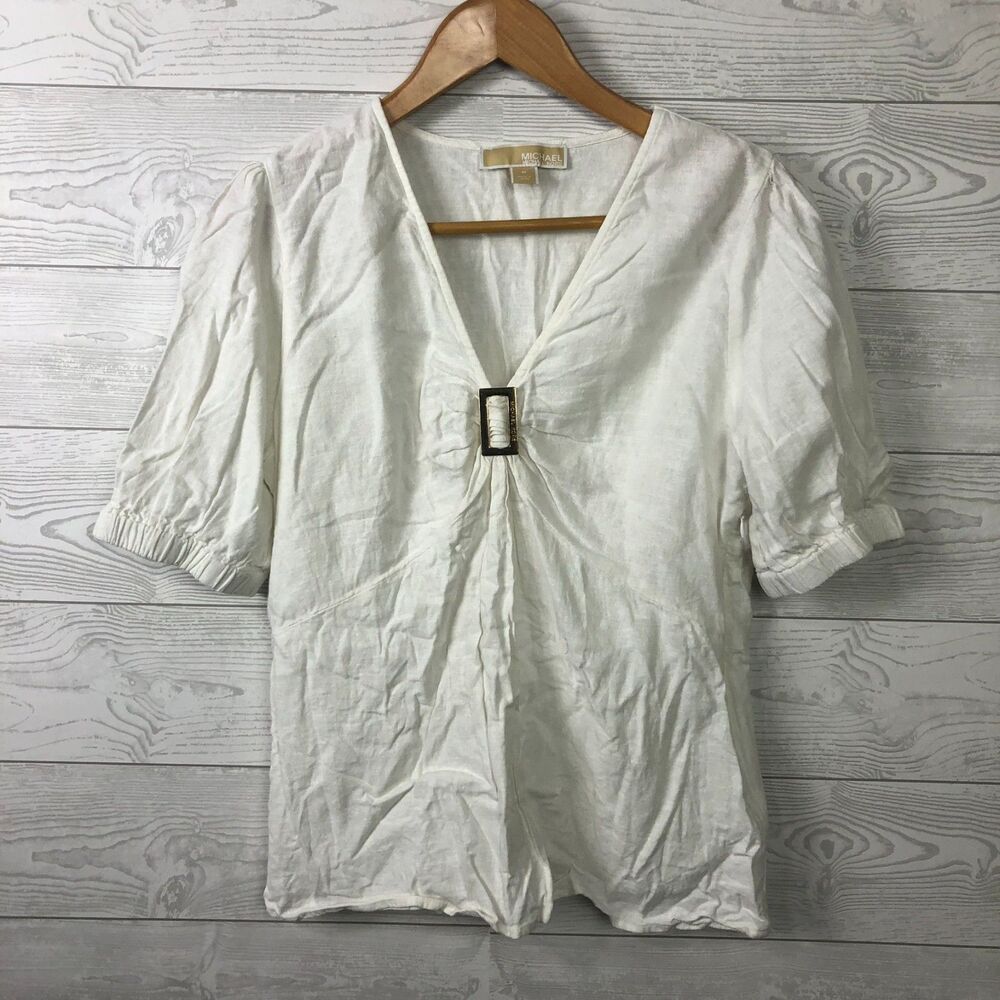 MICHAEL Michael Kors Women's Medium Linen Blend Short Sleeve V Neck Shirt White